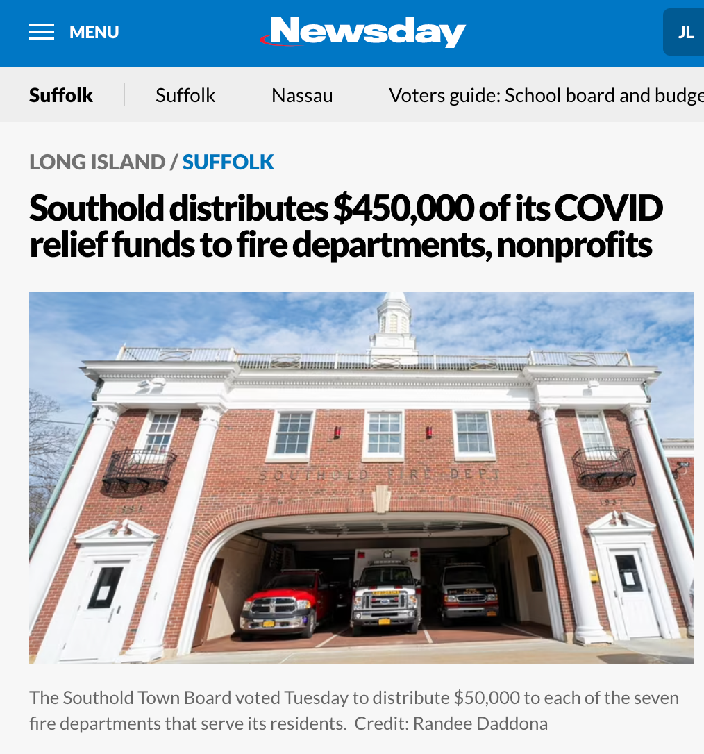 Southold distributes $450,000 of its COVID relief funds to fire departments, nonprofits